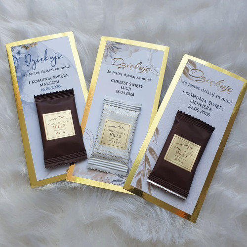 Podziękowanie Upominek dla gości z czekoladkami KOMUNIA, CHRZEST, URODZINY