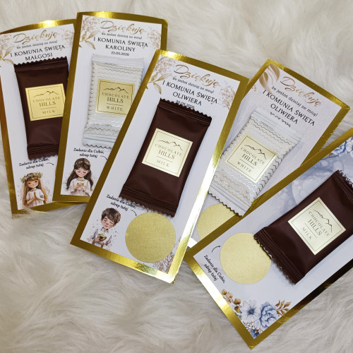 Podziękowanie Upominek Zdrapki zadania dla gości, gra Komunia Święta PREMIUM