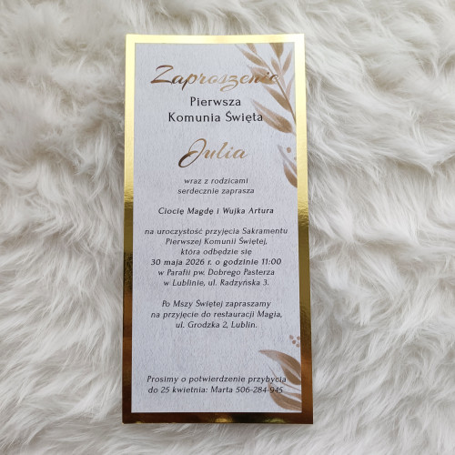 Zaproszenie złota tafla beżowe Pierwsza Komunia