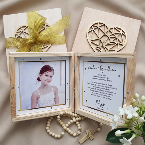 Podziękowanie KOMUNIA CHRZEST pudełko złote foto zdjęcie szkatułka