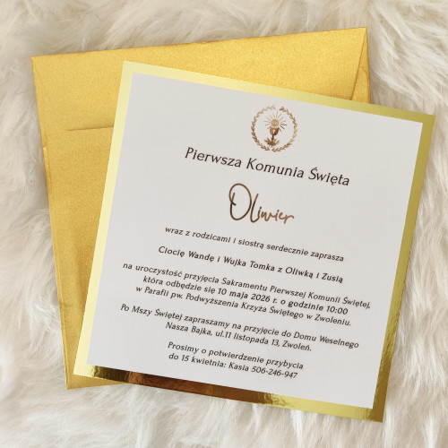 Zaproszenie złota tafla białe kwadrat Pierwsza Komunia
