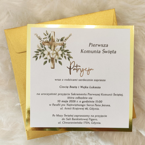 Zaproszenie złota tafla krzyż kwadrat Pierwsza Komunia