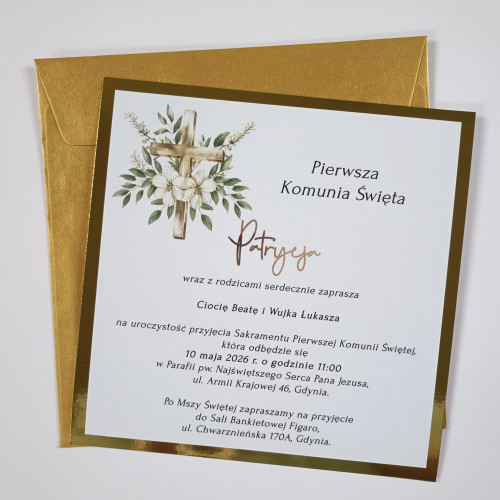 Zaproszenie złota tafla krzyż kwadrat Pierwsza Komunia