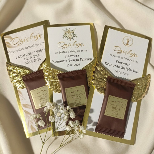 Podziękowanie Upominek dla gości z czekoladkami KOMUNIA złote skrzydła