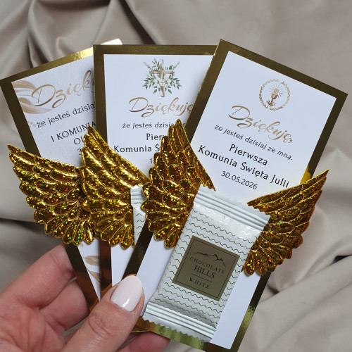 Podziękowanie Upominek dla gości z czekoladkami KOMUNIA złote skrzydła