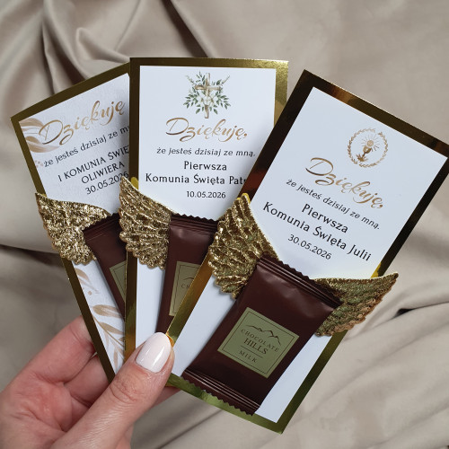 Podziękowanie Upominek dla gości z czekoladkami KOMUNIA złote skrzydła