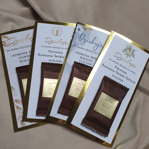 Podziękowanie Upominek dla gości z czekoladkami KOMUNIA, CHRZEST, URODZINY