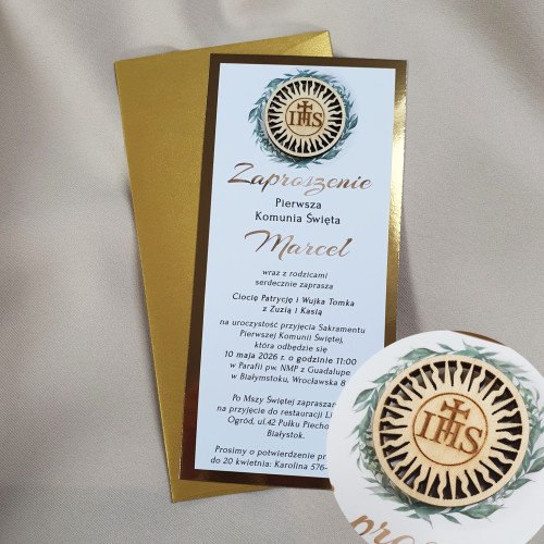 Zaproszenie złota tafla Pierwsza Komunia Hosia drewniana