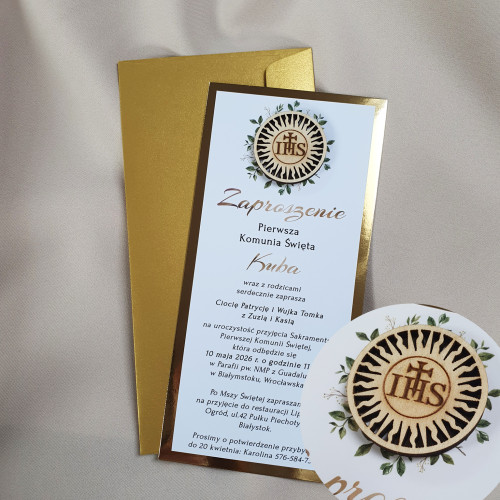 Zaproszenie złota tafla Pierwsza Komunia Hosia drewniana 2