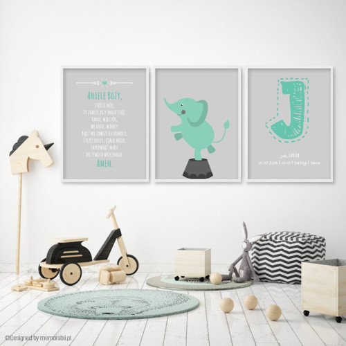 Słonik miętowo - szary - metryczka + modlitwa + obrazek