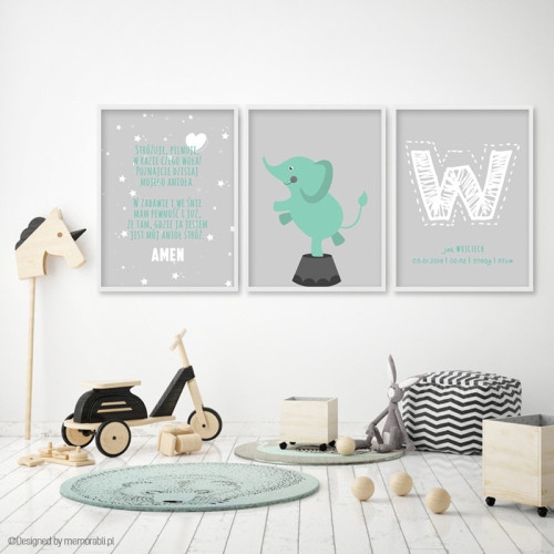 Słonik miętowo - szary - biały - metryczka + modlitwa + obrazek