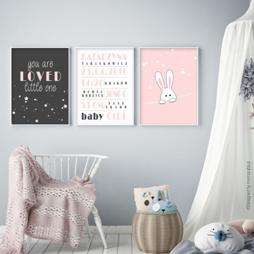 Różowy zajączek - metryczka + obrazek + sentencja