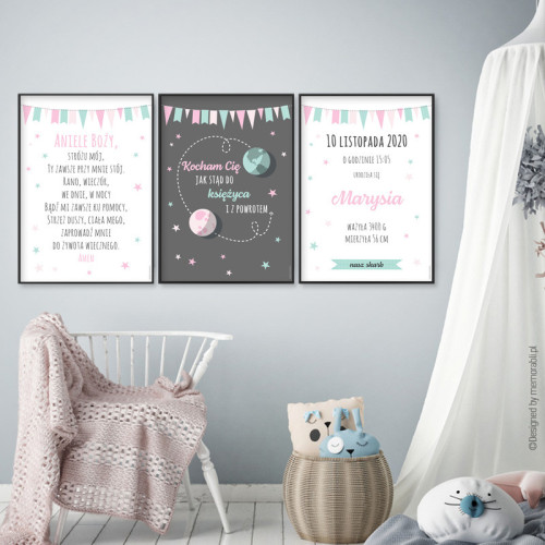 Zestaw 3 plakatów różowy