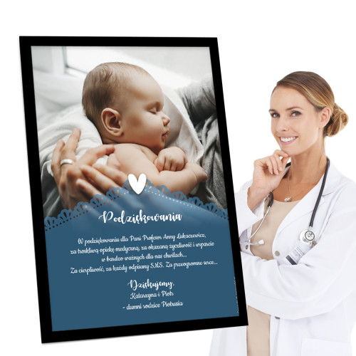 Podziękowanie dla lekarza / położnej ze zdjęciem dziecka niebieskie