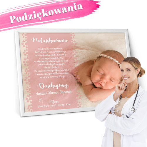 Podziękowanie dla lekarza / położnej ze zdjęciem dziecka różowe