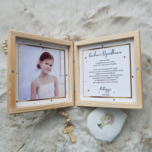Podziękowanie KOMUNIA CHRZEST pudełko złote foto zdjęcie szkatułka
