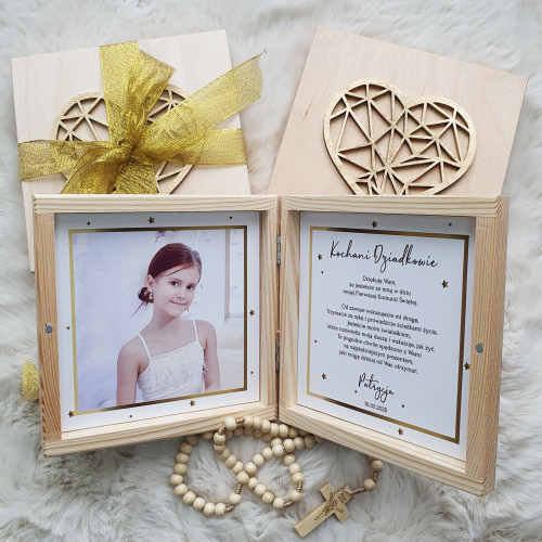 Podziękowanie KOMUNIA CHRZEST pudełko złote foto zdjęcie szkatułka