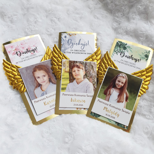 Podziękowanie dla gości Pierwsza Komunia Święta Magnes FOTO + złote skrzydła
