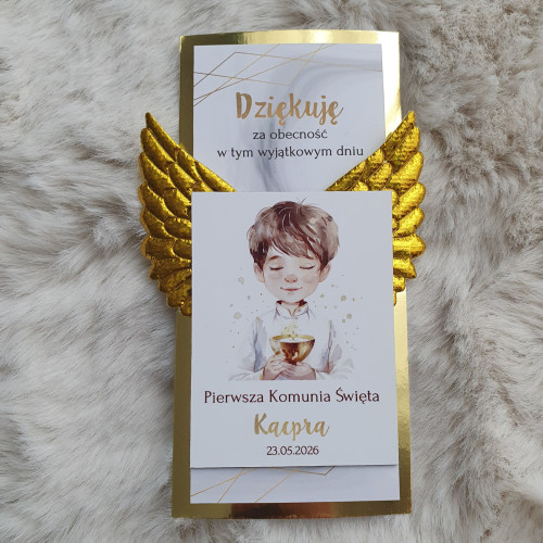 Podziękowanie dla gości Pierwsza Komunia Święta Magnes chłopiec + złote skrzydła